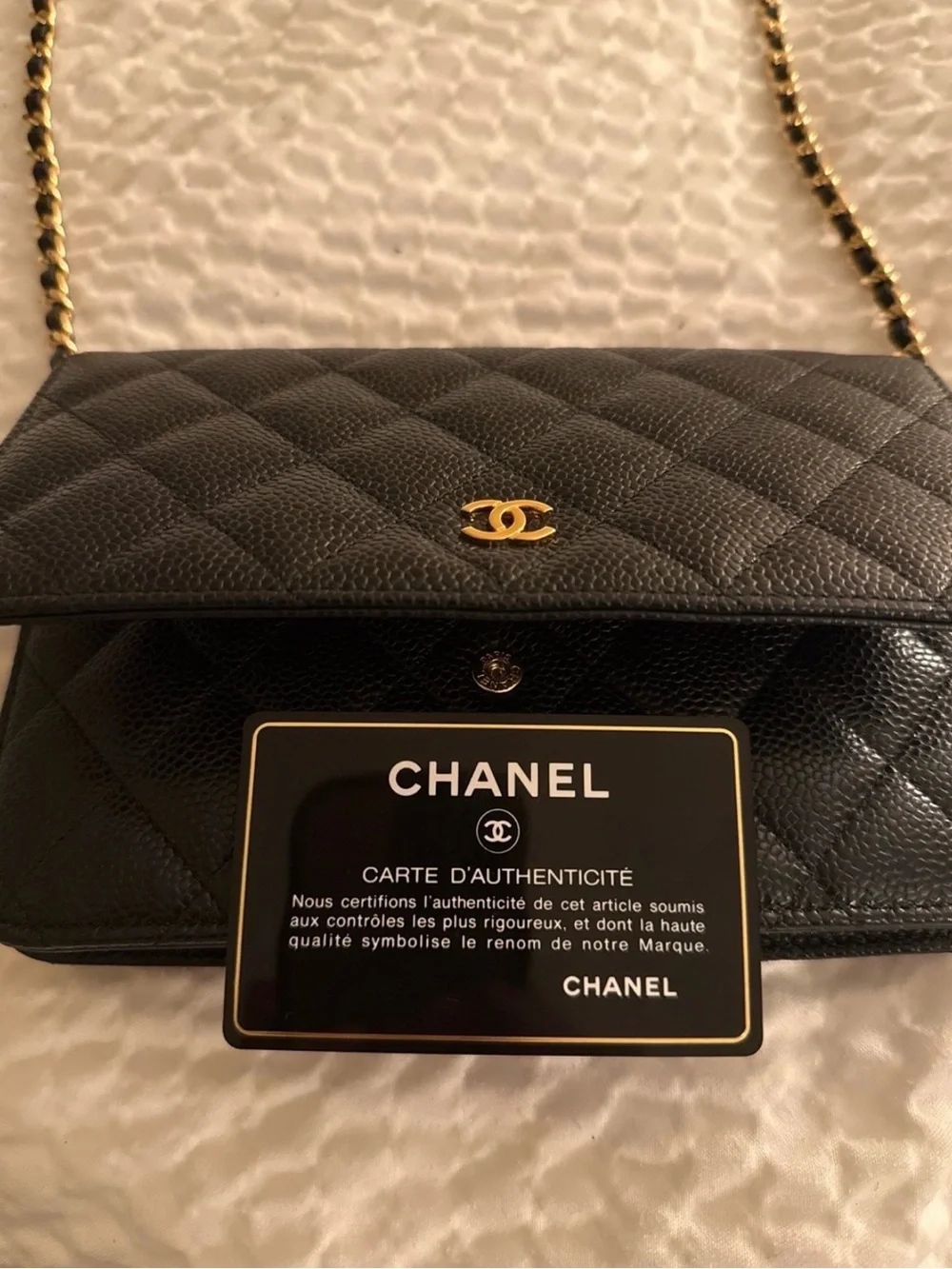CHANEL Black Quilted Caviar Leather Wallet on Chain with Gold CC